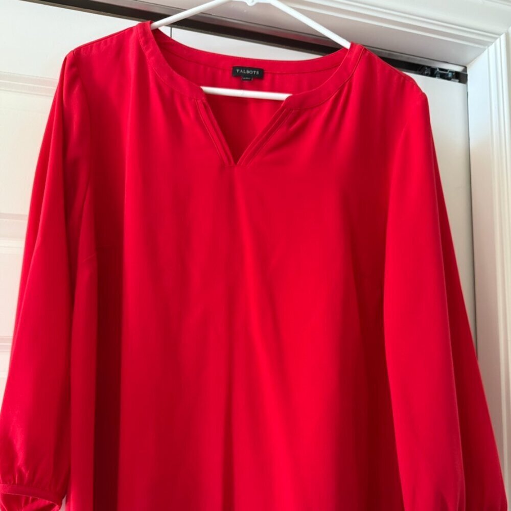 Talbots Red Blouse Large V Neck 3/4 Sleeve Work Top